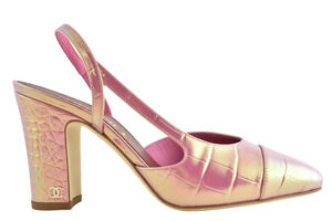 Chanel 26K Pink Iridescent Crocodile Croc Coco Slingback Block Heel Pump 37c